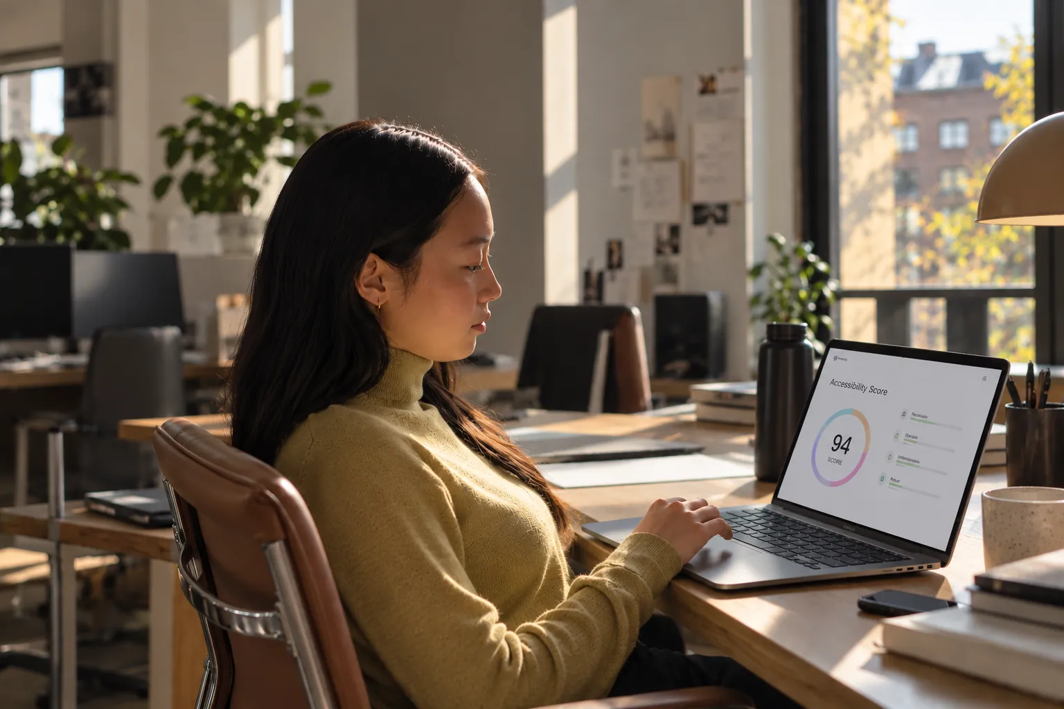 A woman reviewing an accessibility score on her laptop in a sunlit workspace